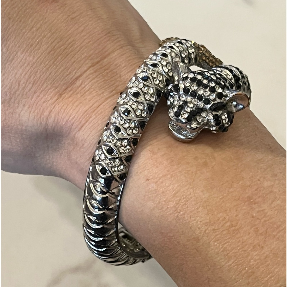 Black Panther Cougar Jaguar Hinged Rhinestone Silver Tone Bracelet